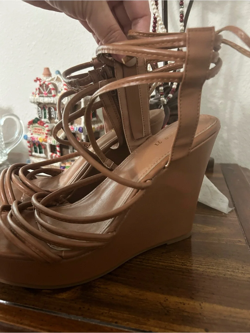 Forever 21 Tan Faux Leather Strappy Platform Wedge Sandals, Size 7.5